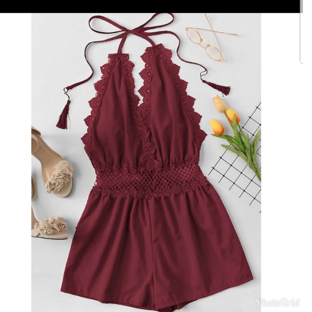 Lace Trim Halter Romper